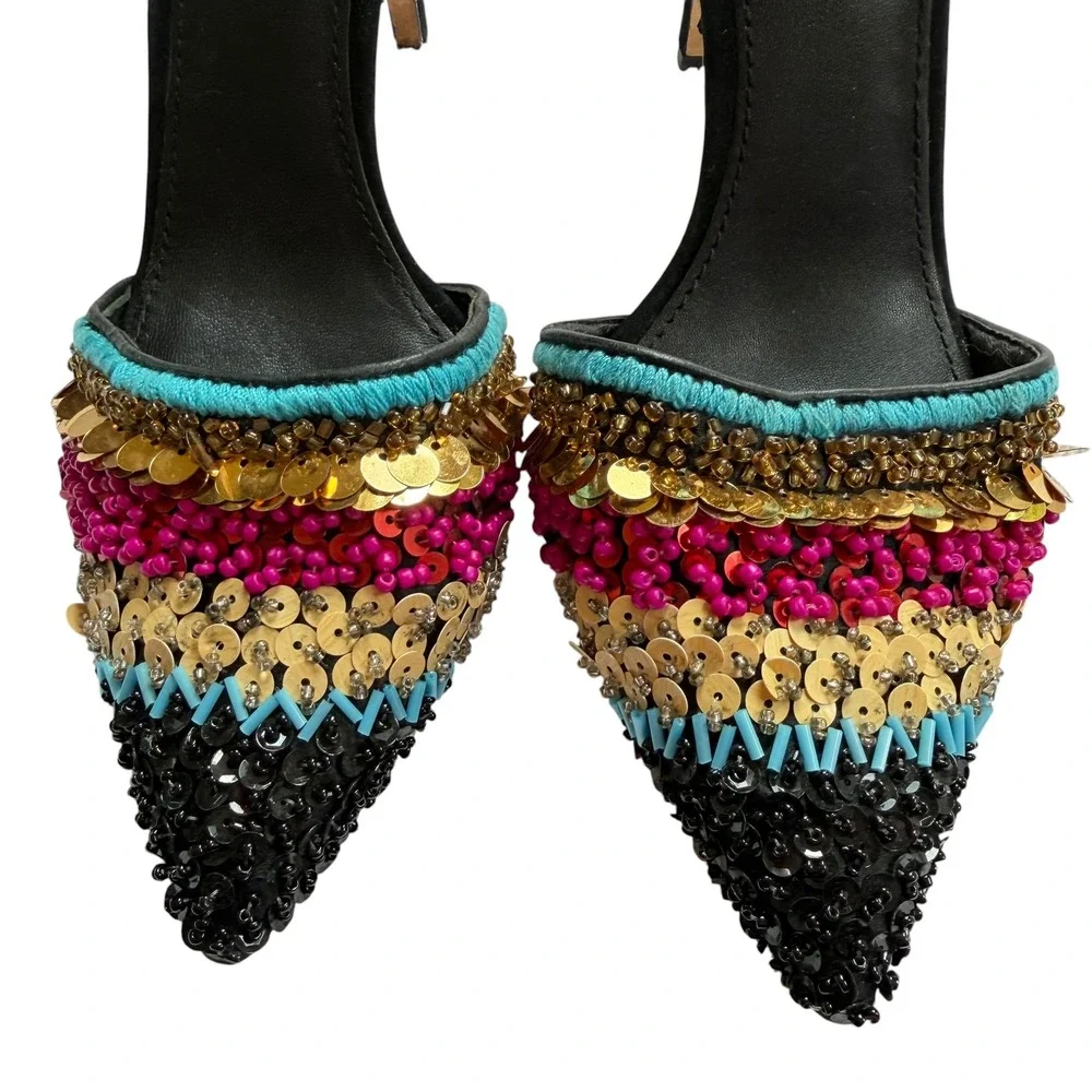 Tory Burch Beaded Sequin Slingback Pumps Black Multi Color Pointed Toe Heels 9M